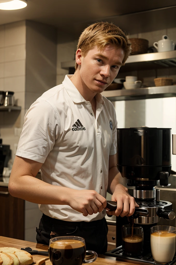 Kevin de bruyne making a coffee in an espresso machine