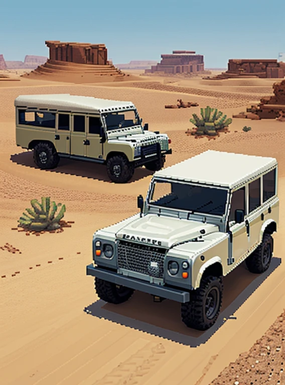 vintage white land rover driving through the desert, in desert (((pixel art))) in the style of pixel art
