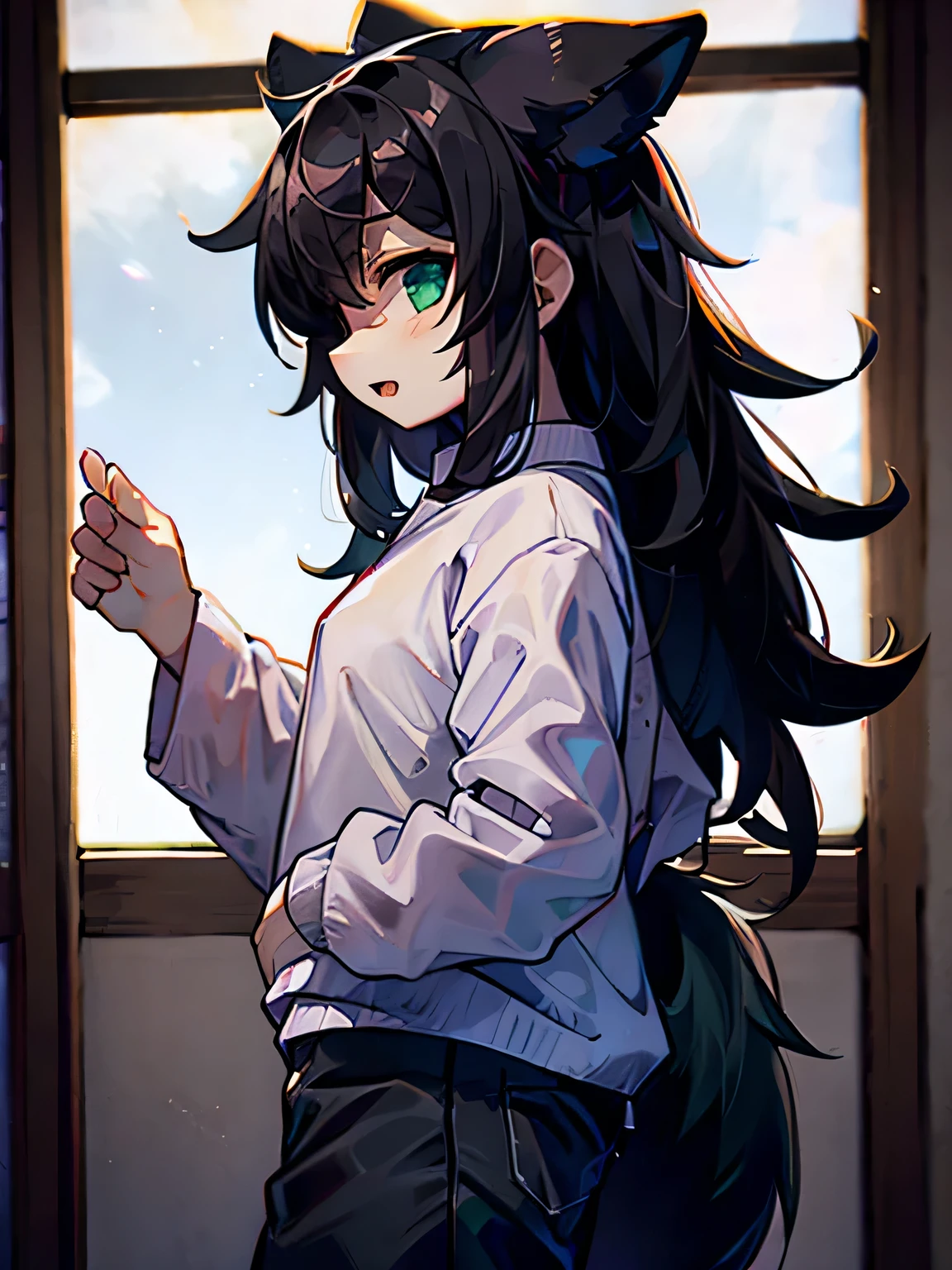 Girl,Curly hair,Fox Ears,Men's,shirt,Best,Short pants,Green Eyes,Black and mint green fur,masterpiece,tooth,Fox Tail,juvenile