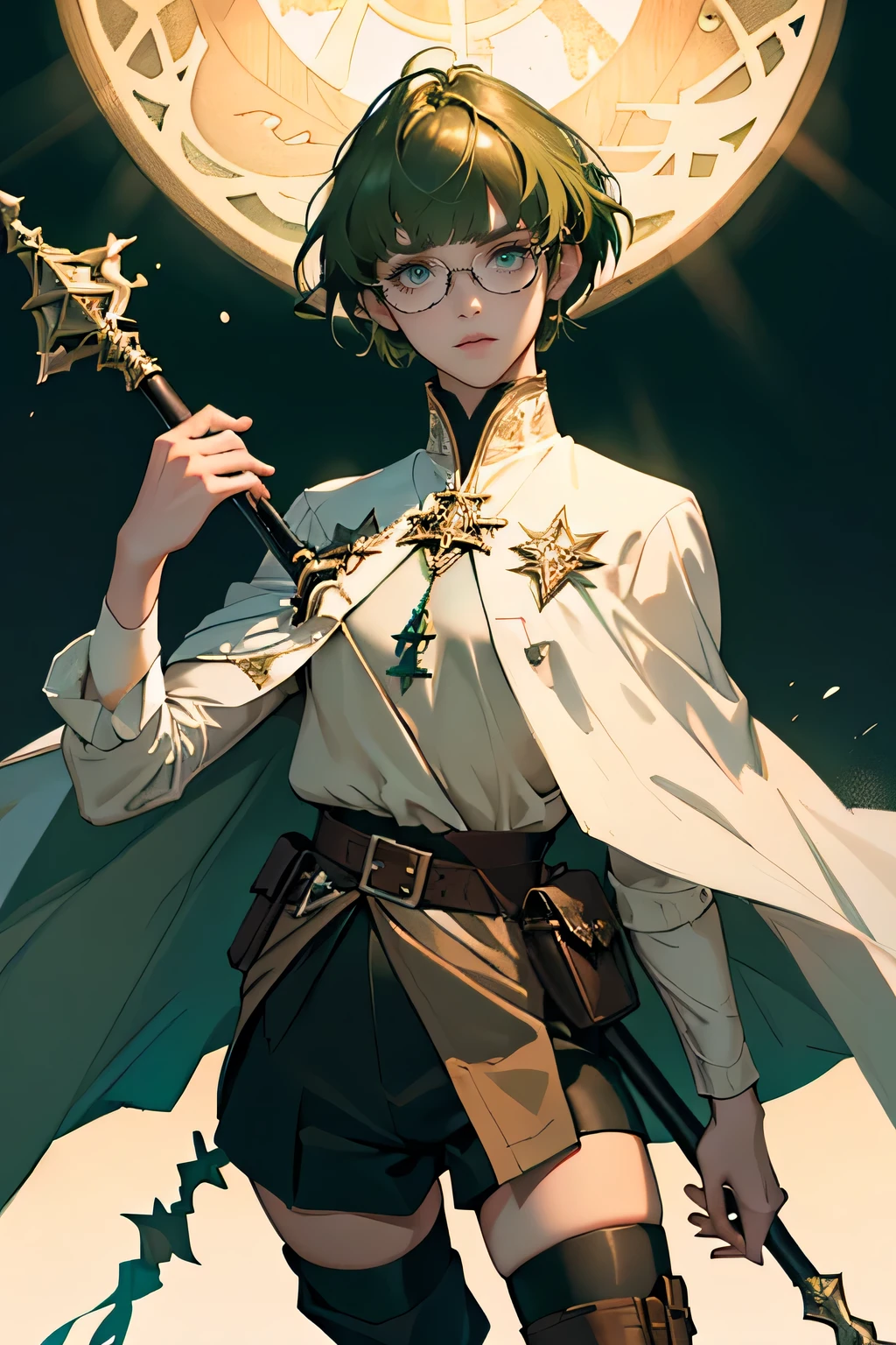 masterpiece, ultra detailed, 8k portrait, RAW photo, portrait photography, highly detailed face, beautiful and meticulous eyes, ((Fantasy)), Young beautiful, 15 years old, girl, dynamic pose, (((short deep green bobbed hair))), blunt bangs, White skin color, glasses, Luxury, (((tunic and short pants))), (((brown cape))), (((little waist hip pouch))), (((dark thigh high tights))), high cut leather boots, ((holding long magical staff)), Midday Sun, hyper realistic, slender body, flat chest, Long legs, on the medieval road, Ambient lighting, Shadow details , Camera focus on face, strong breeze, Light fog