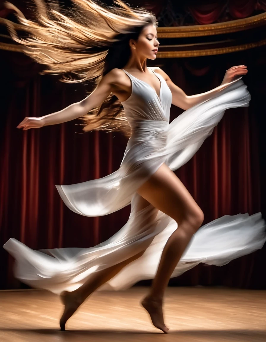 Motion blur portrait, full body portrait, low speed photography of a beautiful woman dancing on a theater stage, flying business long hair, she struggles to break free of her undergarments with only a piece of cloth adorning her natural state, photographed in an understated, realistic, hyper-realistic style,