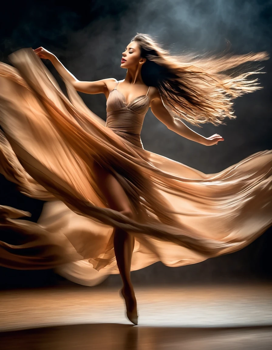 Motion blur portrait, full body portrait, low speed photography of a beautiful woman dancing on a theater stage, flying business long hair, she struggles to break free of her undergarments with only a piece of cloth adorning her natural state, photographed in an understated, realistic, hyper-realistic style,