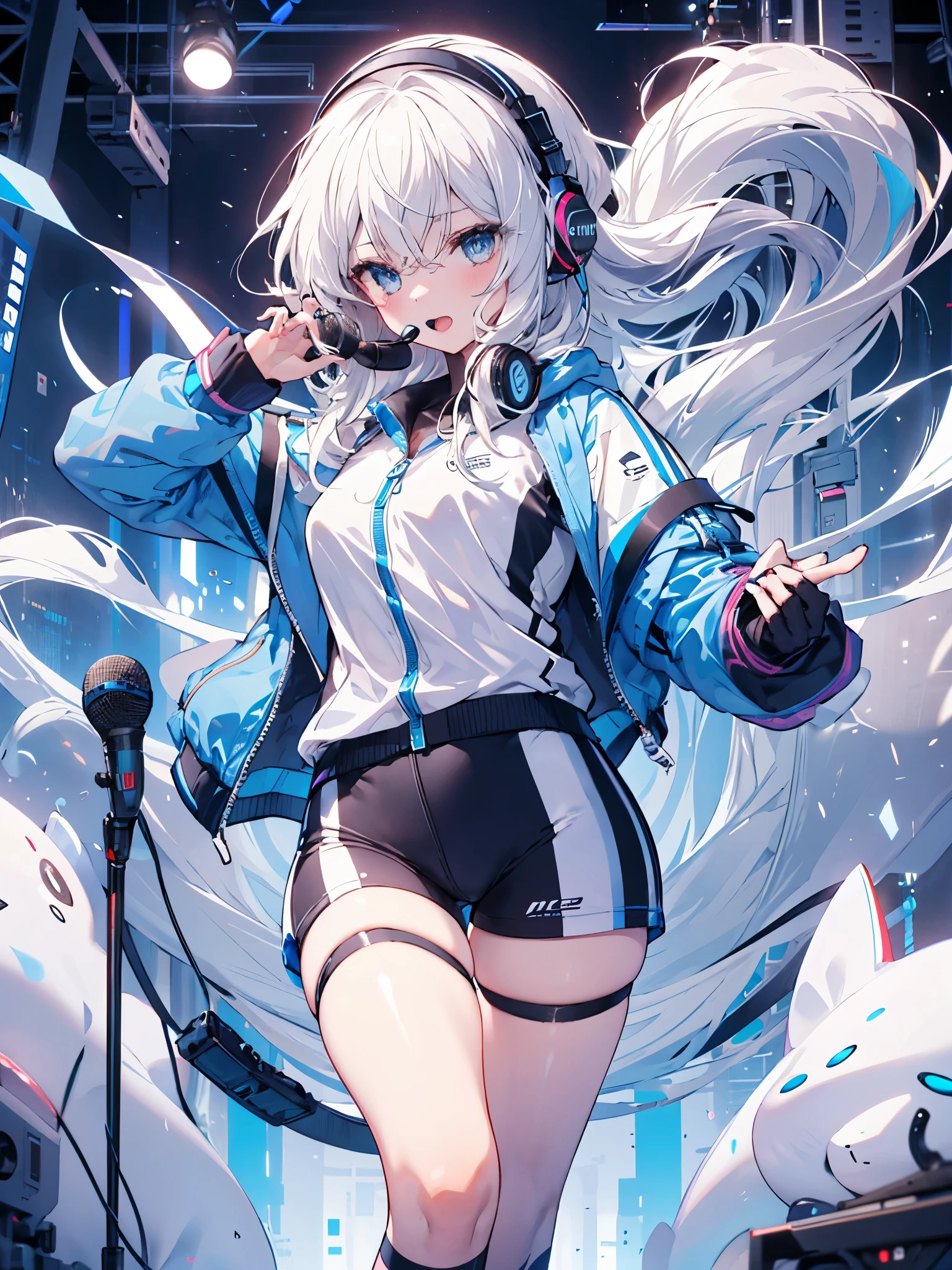 earphone，microphone，Headset，Sportswear，Long hair，Girl，blue eyes，White hair，