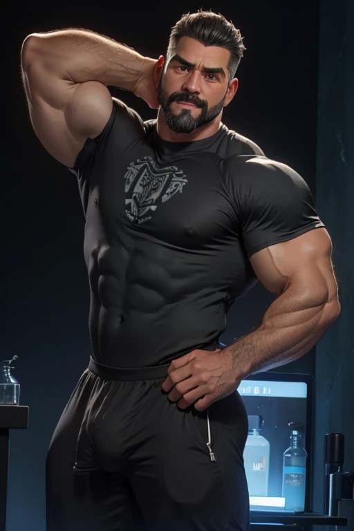 Obra maestra, mejor calidad, ultra detallado, 1 hombre, macho maduro, muscular, pedazo, bara, deportista, carne de res, negro skin, negro, piel bronceada, latino, 36 years old, negro hair, gray fur, barbas de chivo, cabello demasiado cortado, mirando al espectador, serious expression, camiseta gris, Tiro de medio cuerpo, science fiction background