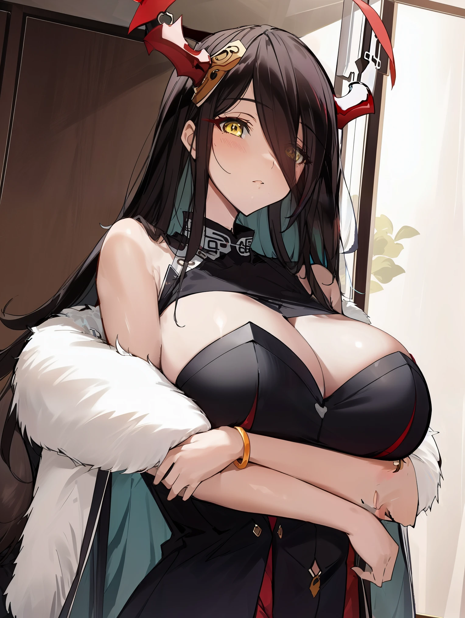 ,tmasterpiece,Best quality,extremely detaild CG unified 8k wallpapers, tmasterpiece, Best quality, CG, optics , Frederick the Great(((azur lane))),detail processing,((Black+yellow Cat pupil)),headgear,hair on one eye, cabelos preto e longos,((MILF,A mature woman)), Huge cleavage,Intimacies,eventide,Clear face,face expressionless,bangle,((big horns)),solo,((cheongsam))