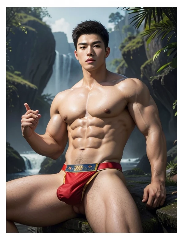 (photorealistic, masterpiece, best quality, super realistic), handsome asian male, chinese man, manly, handsome actor,20 years old young, athletic body, muscular, big chest abs, wearing only a loincloth, artistic and magical background, chinese mythology, lunar new year inspired, reds and golds, fantasy art, naked full body, see dick, long big dick, dick and balls in correct shape, open legs, the view from the bottom up,