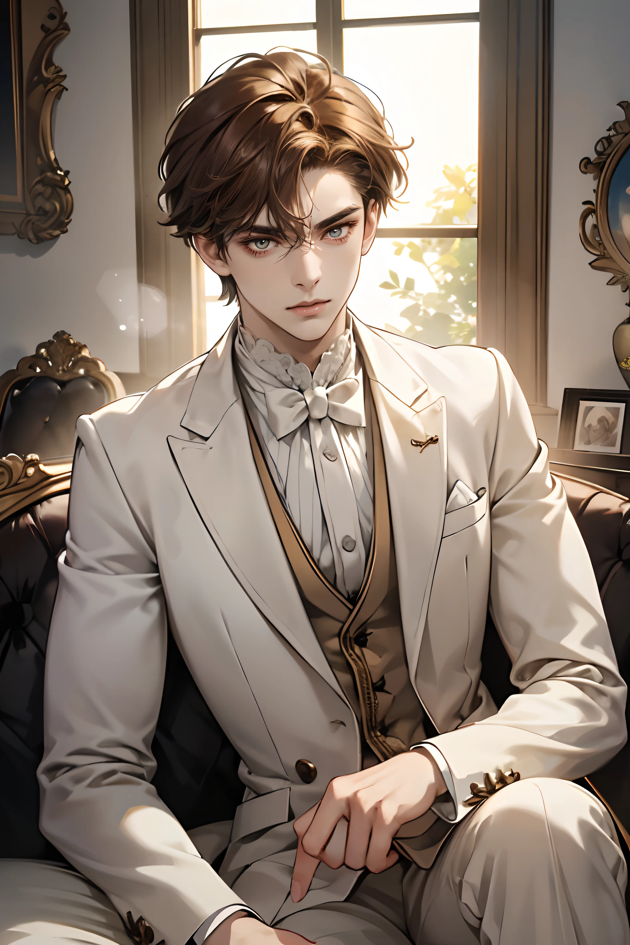 (tmasterpiece, high resolution, ultra - detailed:1.0), (1 boy, Young male), Eyes looking at the camera, Perfect male body, Extremely detailed CG, 8K wallpaper, Complicated details, solo person, (Deep amber eyes), (Light brown hair with short curly edges), [Thick eyebrows], sitting room, (White suit),Arrogant expression,victorian age,color difference, Depth of field, dramatic shadow, Ray tracing, Best quality, Cinematic lighting, offcial art, Portrait