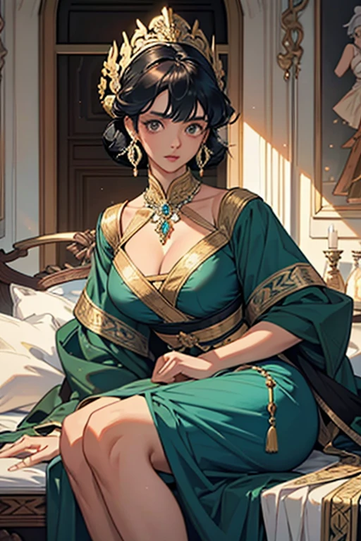 (High quality, High resolution, Fine details), traditional sari dress, intricate sari with detailed patterns, ornate jewelry, solo, curvy adult women, light brown hair, sparkling eyes, (Detailed eyes:1.2), smile, blush, Sweat, Oily skin, Waist Shot, warm lighting, golden hour, Soft tones, shallow depth of field