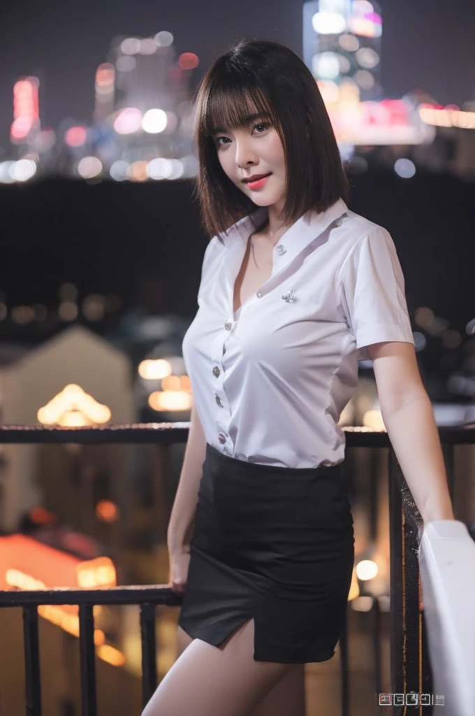 best quality, 8k, highly detailed face and skin texture, high resolution, big tits short hair cute asian girl in white shirt and black short skirt at balcony with night city view, sharp focus