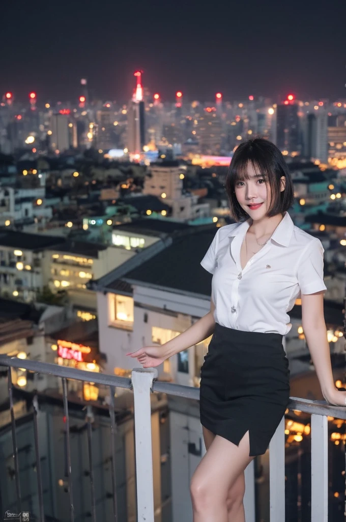 best quality, 8k, highly detailed face and skin texture, high resolution, big tits short hair cute asian girl in white shirt and black short skirt at balcony with night city view, sharp focus