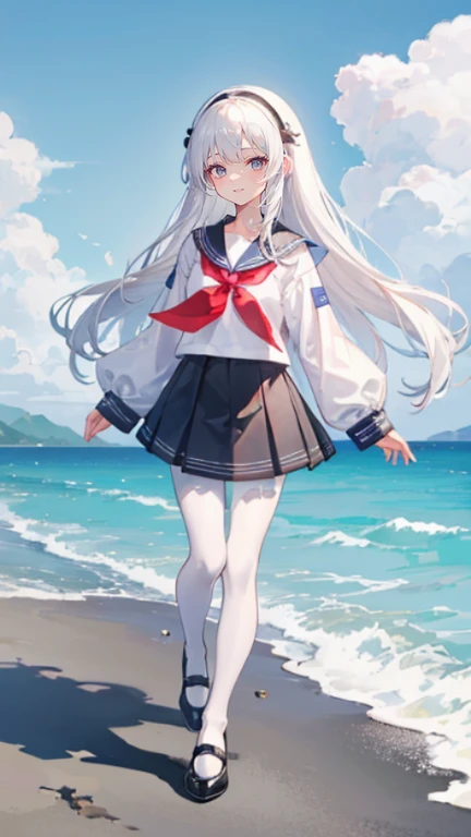 White hair,Long hair,Bangs,Bangs整齐,black headband,Gray eyes,girl,cute,laughing expression,Happy and happy expression,Sailor Suit,Small leather shoes,White silk pantyhose,White silk pantyhose,whole body,Standing on the ground,Don't show your arms,Background is beach,Blue sky and white clouds