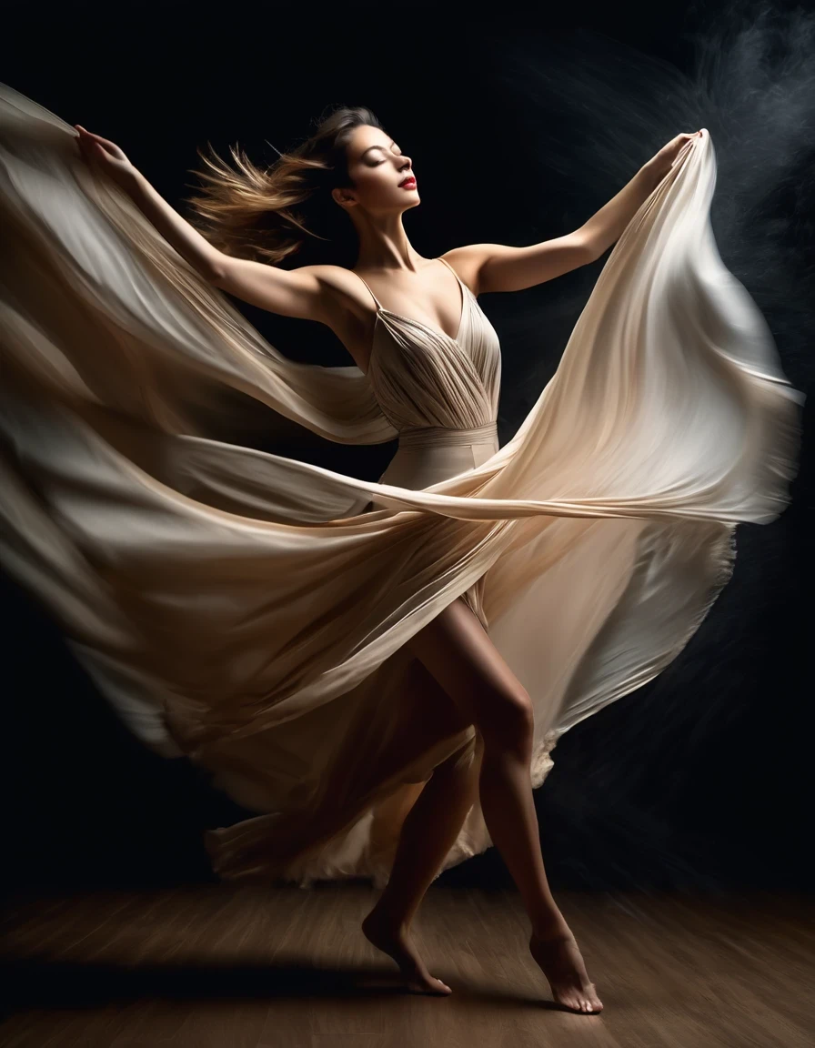 Motion blur portrait, full body portrait, low speed photography of A beautiful woman dancing theater stage, she works to free herself from the underwire and the only cloth left adorning her natural state, in the style of low-key shot, photorealistic, hyperrealistic,