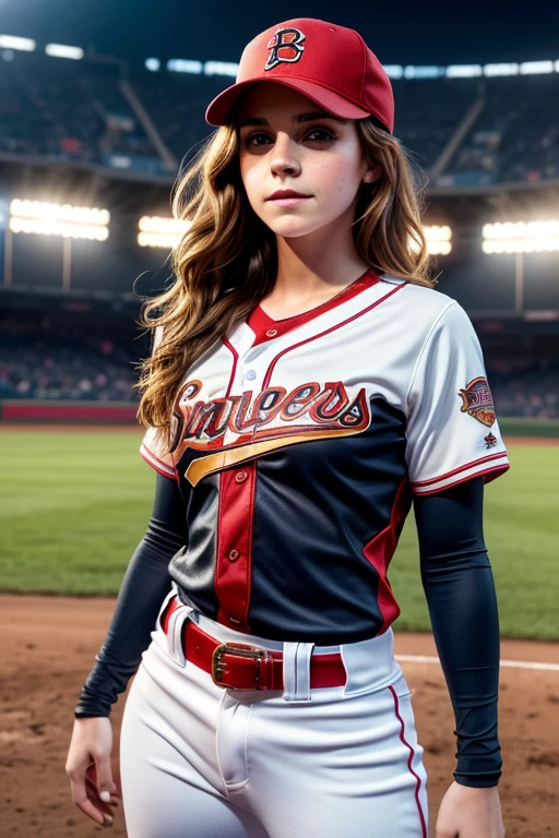 Foreground: a gorgeous Emma Watson, age 25, wavy hair in the wind. she's a men magazine model, She has a subtle smile and flirts with the camera, (she wears baseball uniform with baseball cap:1.2), (standing on the baseball field:1.3), background baseball stadium, large crowd, sundown lighting, perfect eyes, perfect hands, perfect body, perfect hair, perfect breasts, medium breasts, hair behind ear, UHD, retina, masterpiece, accurate, anatomically correct, textured skin, super detail, high details, high quality, award winning, best quality, highres, 16k, 8k, (full bodyshot), (full length photo), 