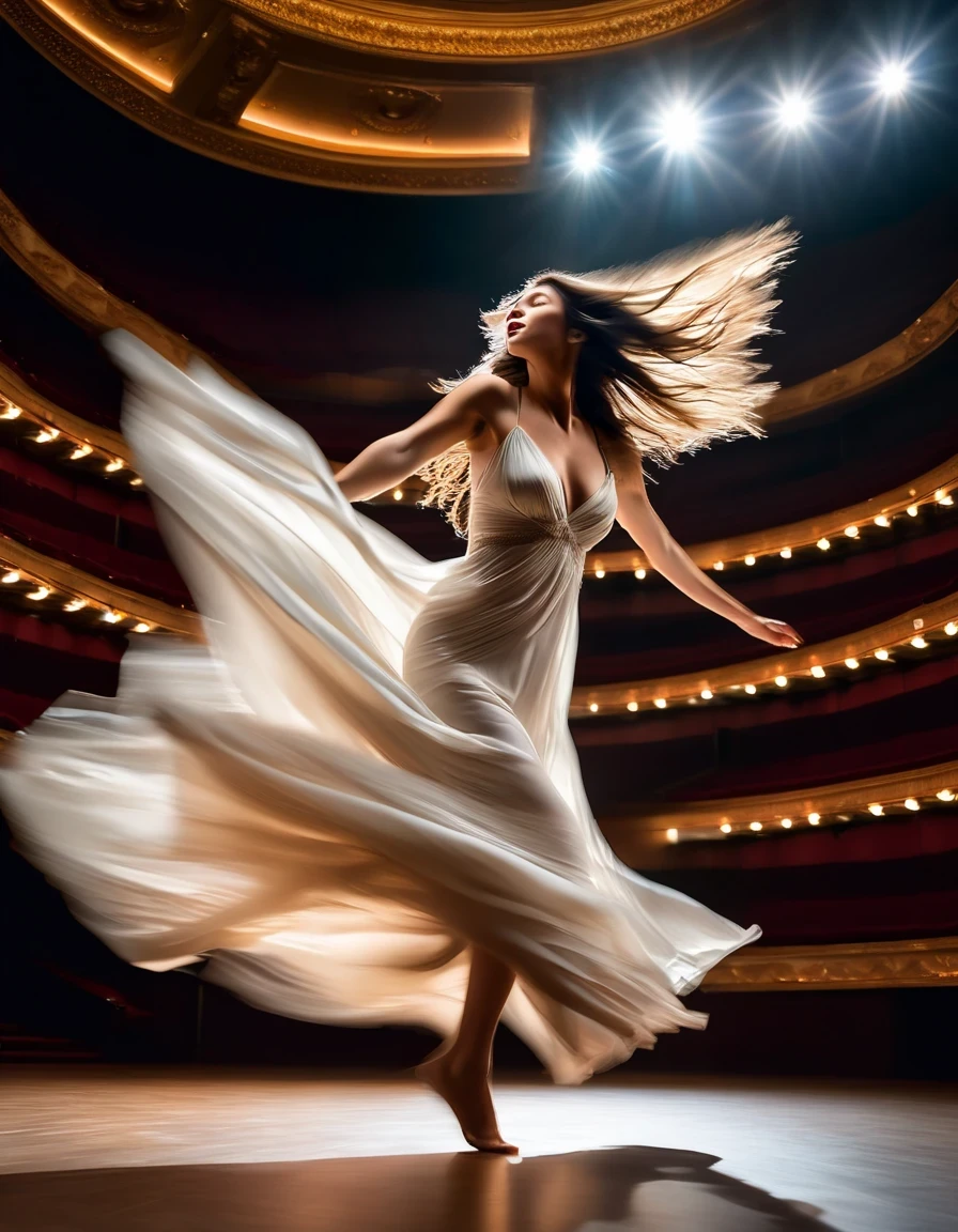 Motion blur portrait, full body portrait, low speed photography of a beautiful woman dancing on a theater stage, flying business long hair, she struggles to break free of her undergarments with only a piece of cloth adorning her natural state, photographed in an understated, realistic, hyper-realistic style,Looking up,Bottom-up,