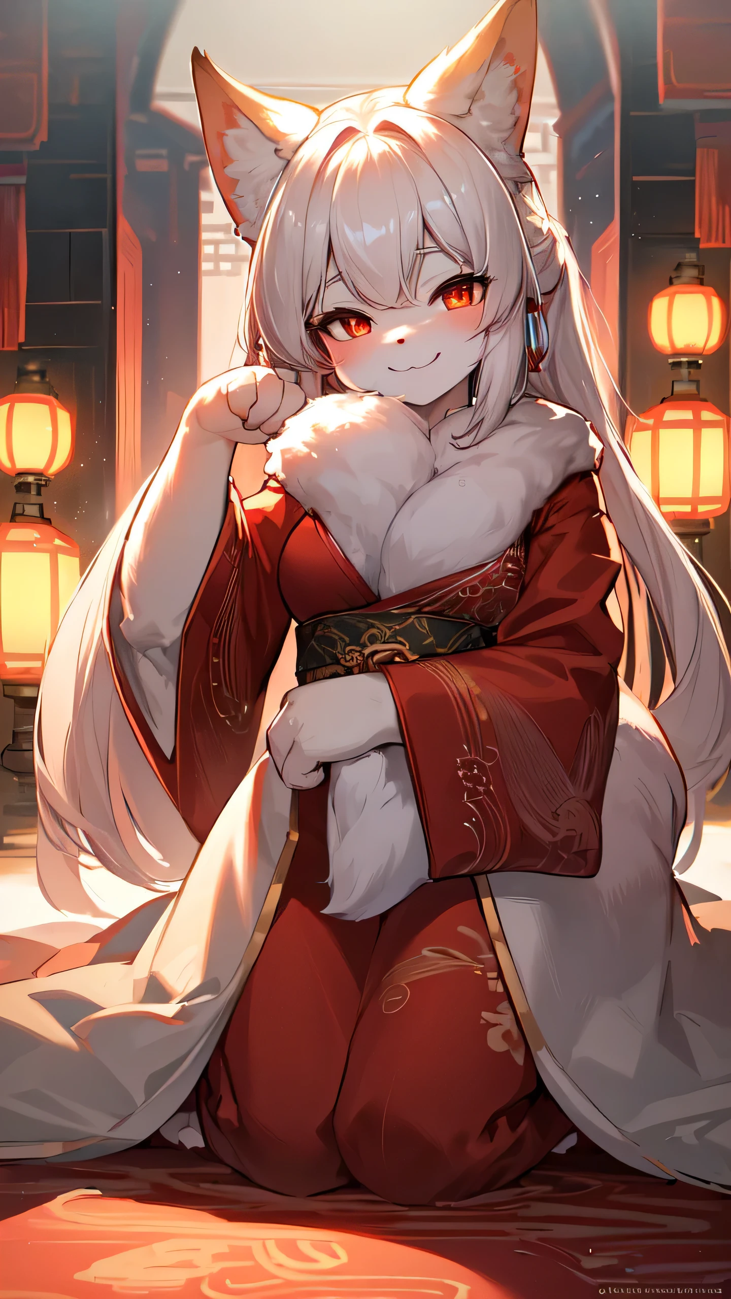 (best quality, 4K, high resolution), fluffy, white fur, cute face, red accents on the fur, breast, beautiful lighting, ambient light, extremely detailed fur, volumetric lighting, fox, Chinese style, kneeling posture, smiling, looking at you, fox nose, paws, paw pads