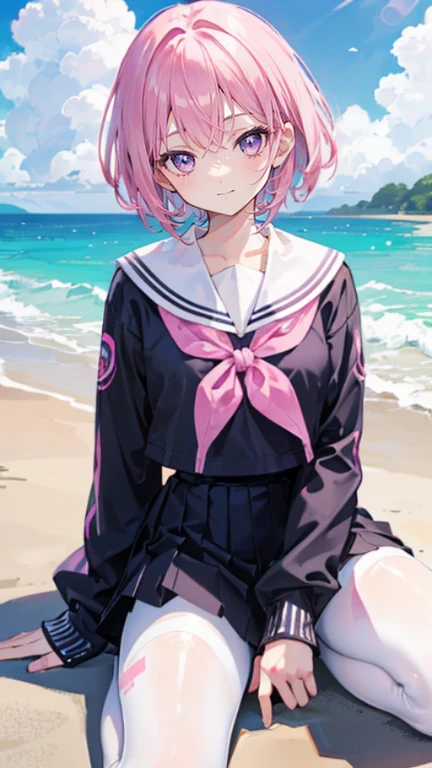 Pink hair,Purple Eyes,short hair,sister head,Two black hairpins,Girl,cute,laughing expression,Happy and happy expression,Sailor Suit,Small leather shoes,White silk pantyhose,White silk pantyhose,whole body,sit on the floor,Don't show your arms,Background is beach,Blue sky and white clouds