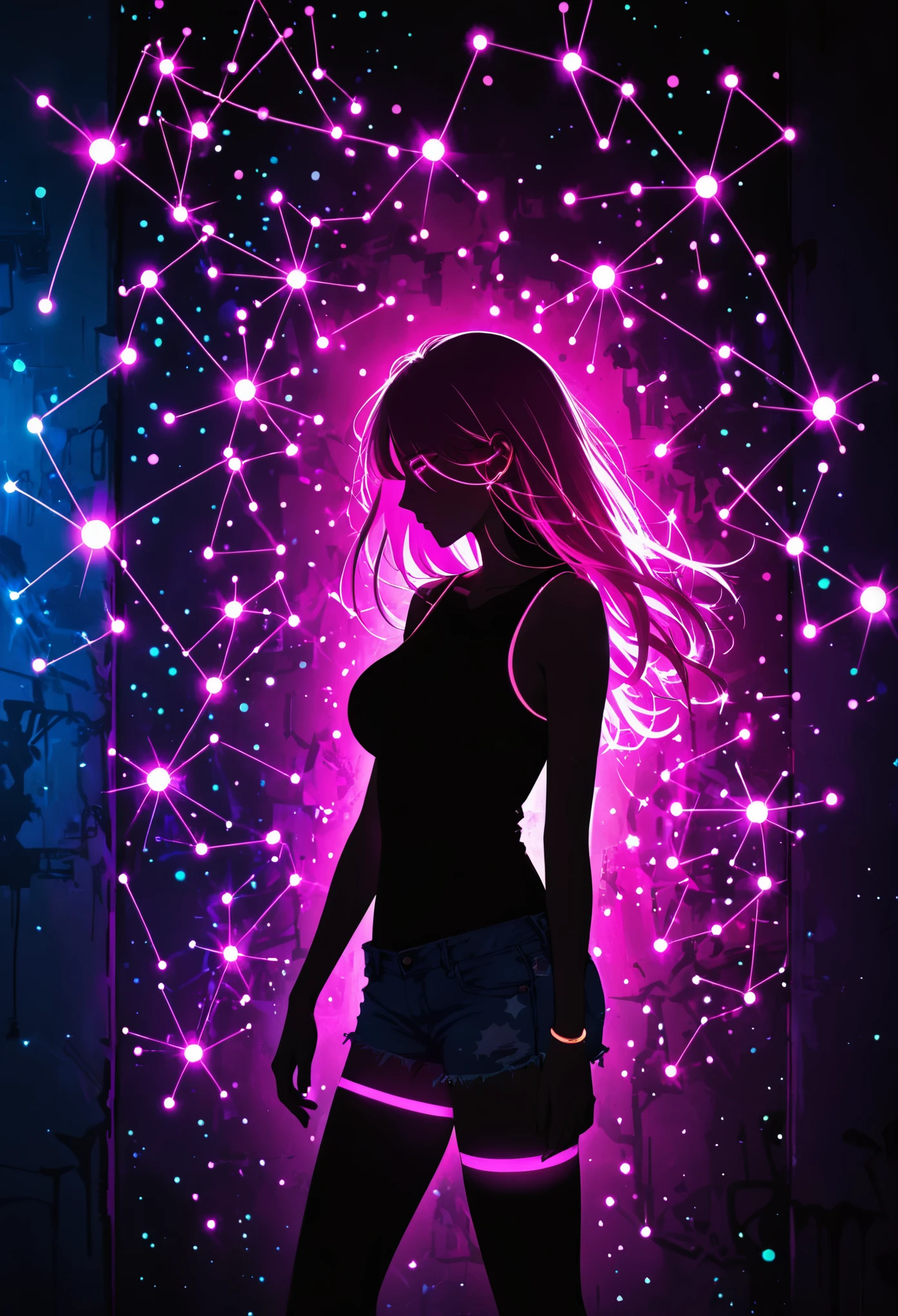 (Pink fluorescent Graffiti of mysterious Libra constellation:2.0)，indoor，Fluorescent illumination， (Darkness shrouded, black background, shadow, extreme darkness, Dark atmosphere：3.0),Wall background，black background，silhouette，shadow，extreme darkness，Minimalist graffiti style background，Fluorescent pink eye graffiti，Dark atmosphere，cowboy shot,1girl,(shortest Short shirt cutting1.8)，huge Breast，long nipple,nipple embossment,underboob，blurred background，Blurred foreground，Pink fluorescent hair，Fluorescent pink eyes，Hand raised and touching hair，long hair，Messy hair, Low rise denim shorts,Over-the-knee boots，pink eye glowing，Ruined eyeshadow，Poker face