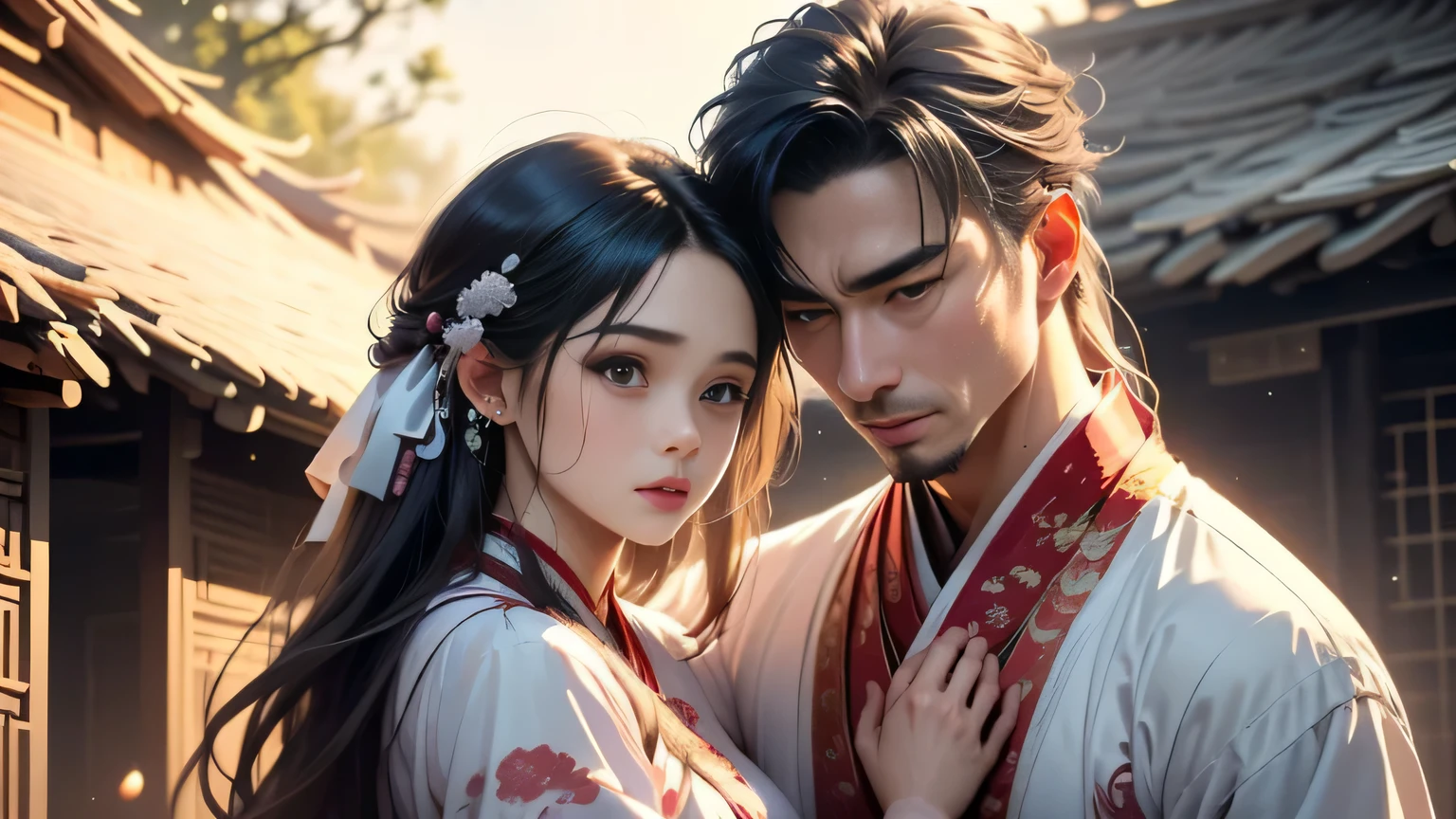 Next to a thatched house,father and daughter,say,Hanfu,Long hair,A with a round face wearing a pink Hanfu,(A man in white clothes puts his hand on the girl's head:1.4),Tears