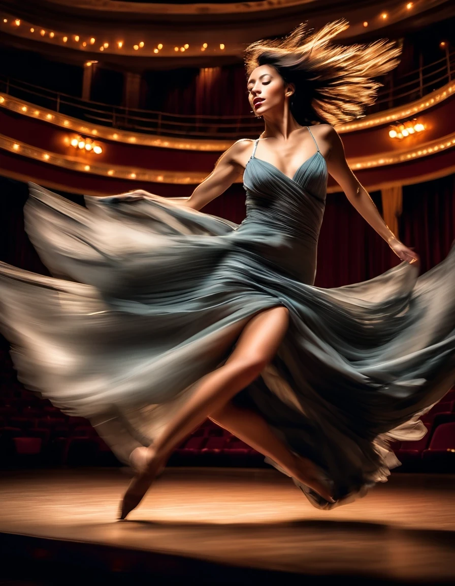 Motion blur portrait, full body portrait, low speed photography of a beautiful woman dancing on a theater stage, crazy tango dance poses, long flying hair, she struggles to break free of her undergarments with only a piece of cloth adorning her in her natural state, shot in an upward perspective, shot in an understated, realistic, and hyper-realistic style,