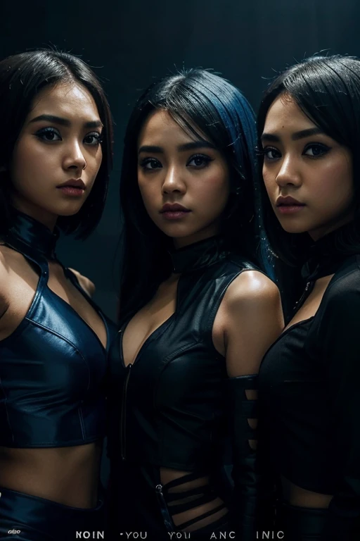 trio indonesian girlband, close up, stunning blue emo make up, blue and black suit, black background, backlight, epic, music poster, artistic, detailed, 4k