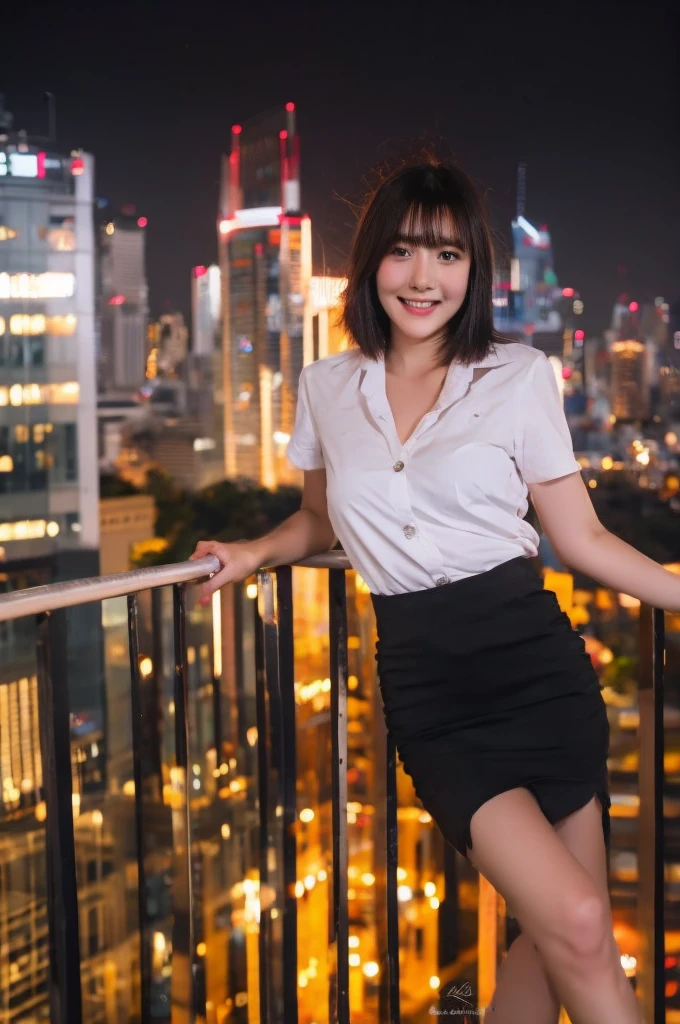 best quality, 8k, highly detailed face and skin texture, high resolution, big tits short hair cute asian girl in white shirt and black short skirt at balcony with night city view, sharp focus