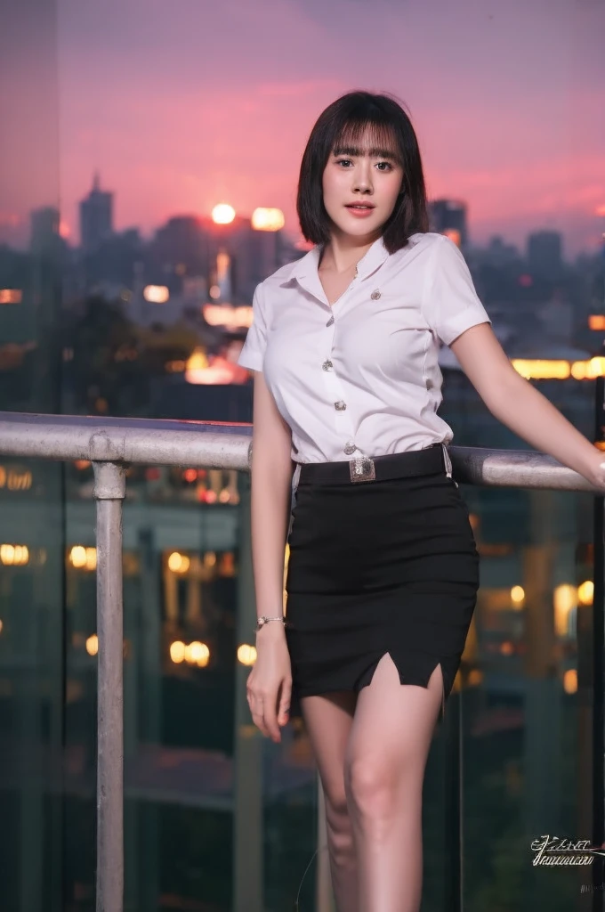 best quality, 8k, highly detailed face and skin texture, high resolution, big tits short hair cute asian girl in white shirt and black short skirt at balcony with night city view, sharp focus