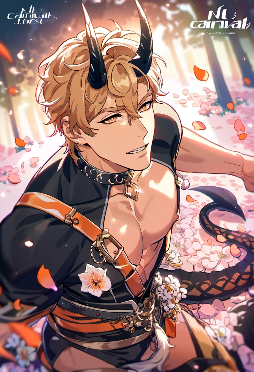 absurdres, highres, ultra detailed, HDR, master piece, best quality, Quincy, blond messy short hair, expressive orange eyes, Nu Carnival, solo, sexy man, handsome, black horns, tail, demon, fantasy black demon clothes, accessories, showing the chest, magical forest, petals, flowers