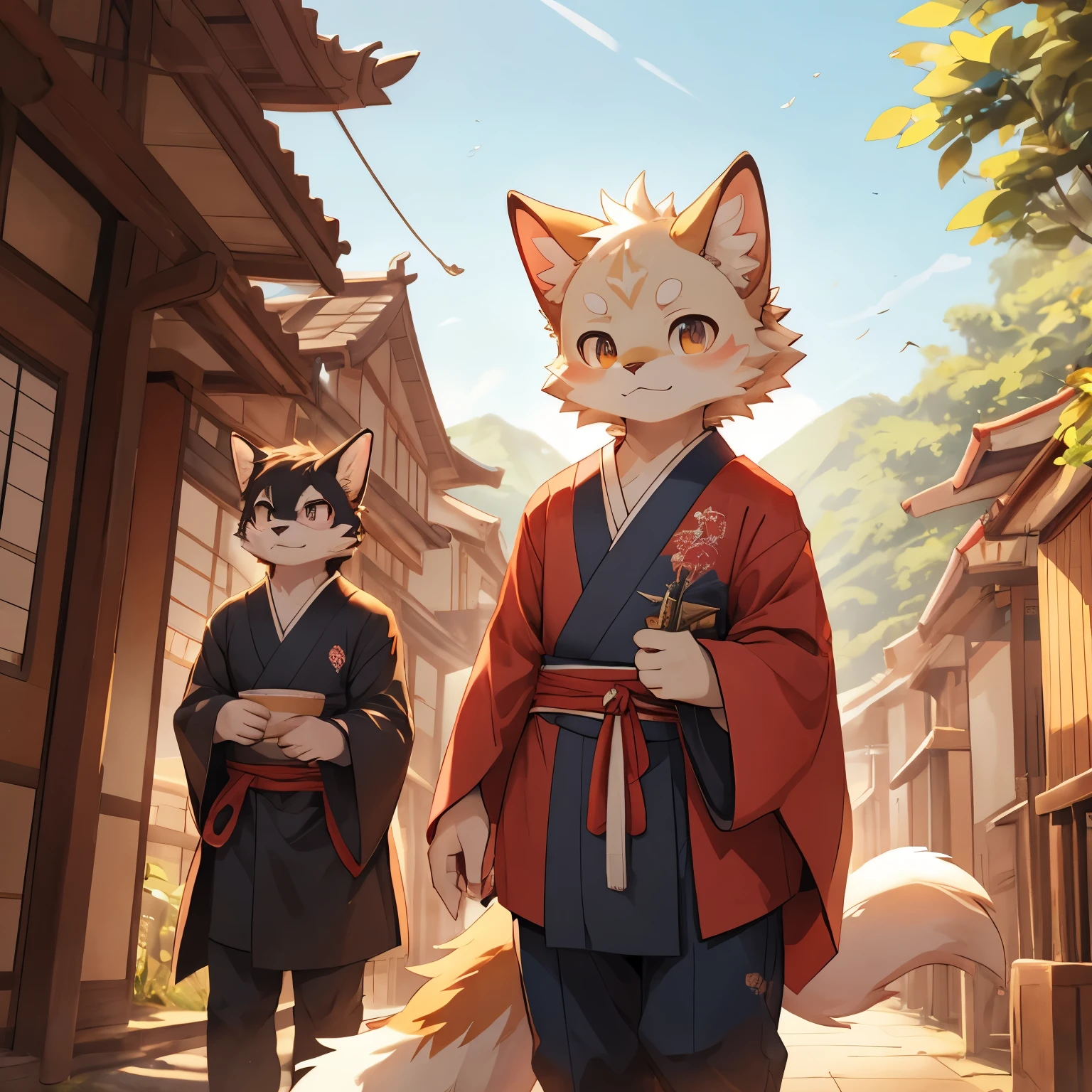 Sakura Valley，White cat looks to the sky，sunny，The character is in the middle，hairy，Japanese anime style，Long tail