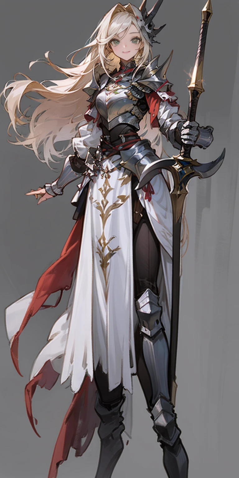 hands on sides, (masterpiece), ultra-detailed, 1girl, detailed eyes, medium breasts, gray background, (full body), green eyes, gray background, full plate armor, confident smile, staring at the viewer, blond hair in a ponytail, standing with a square spike shield