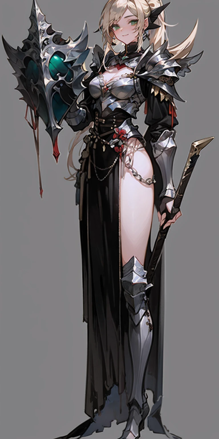 hands on sides, (masterpiece), ultra-detailed, 1girl, detailed eyes, medium breasts, gray background, (full body), green eyes, gray background, full plate armor, confident smile, staring at the viewer, blond hair in a ponytail, standing with a square spike shield