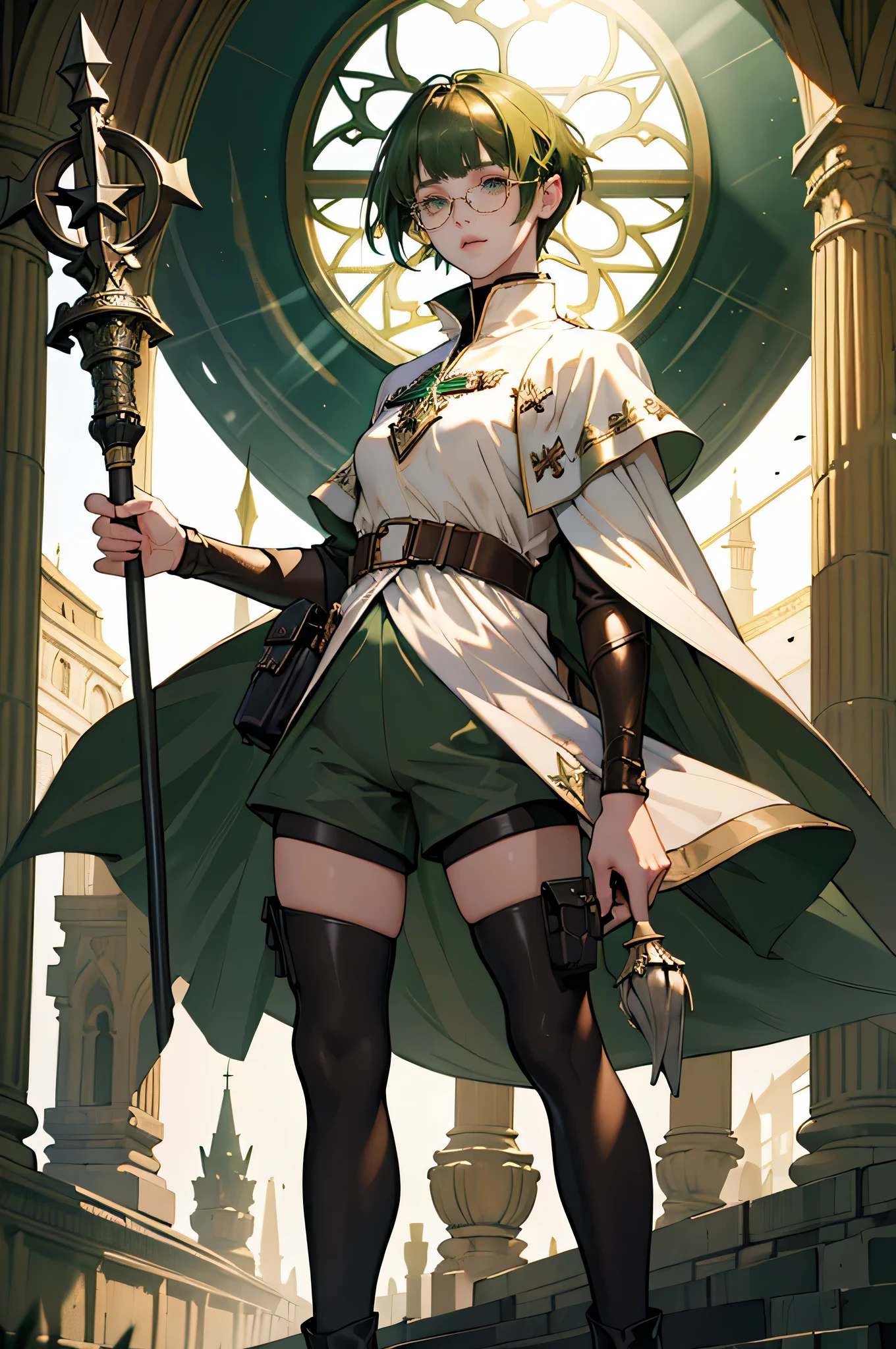 masterpiece, ultra detailed, 8k portrait, RAW photo, portrait photography, highly detailed face, beautiful and meticulous eyes, ((Fantasy)), Young beautiful, , girl, dynamic pose, (((short deep green bobbed hair))), blunt bangs, White skin color, glasses, Luxury, (((tunic and short pants))), (((brown cape))), (((little waist hip pouch))), (((dark thigh high tights))), high cut leather boots, ((holding long magical staff)), Midday Sun, hyper realistic, slender body, flat chest, Long legs, on the medieval road, Ambient lighting, Shadow details , Camera focus on face, strong breeze, Light fog