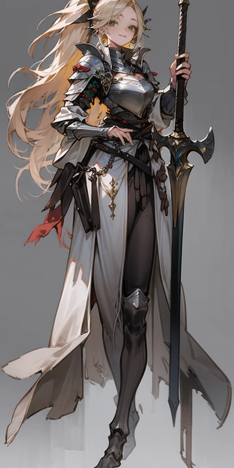 hands on sides, (masterpiece), ultra-detailed, 1girl, detailed eyes, medium breasts, gray background, (full body), green eyes, gray background, full plate armor, confident smile, staring at the viewer, blond hair in a ponytail, standing with a square spike shield