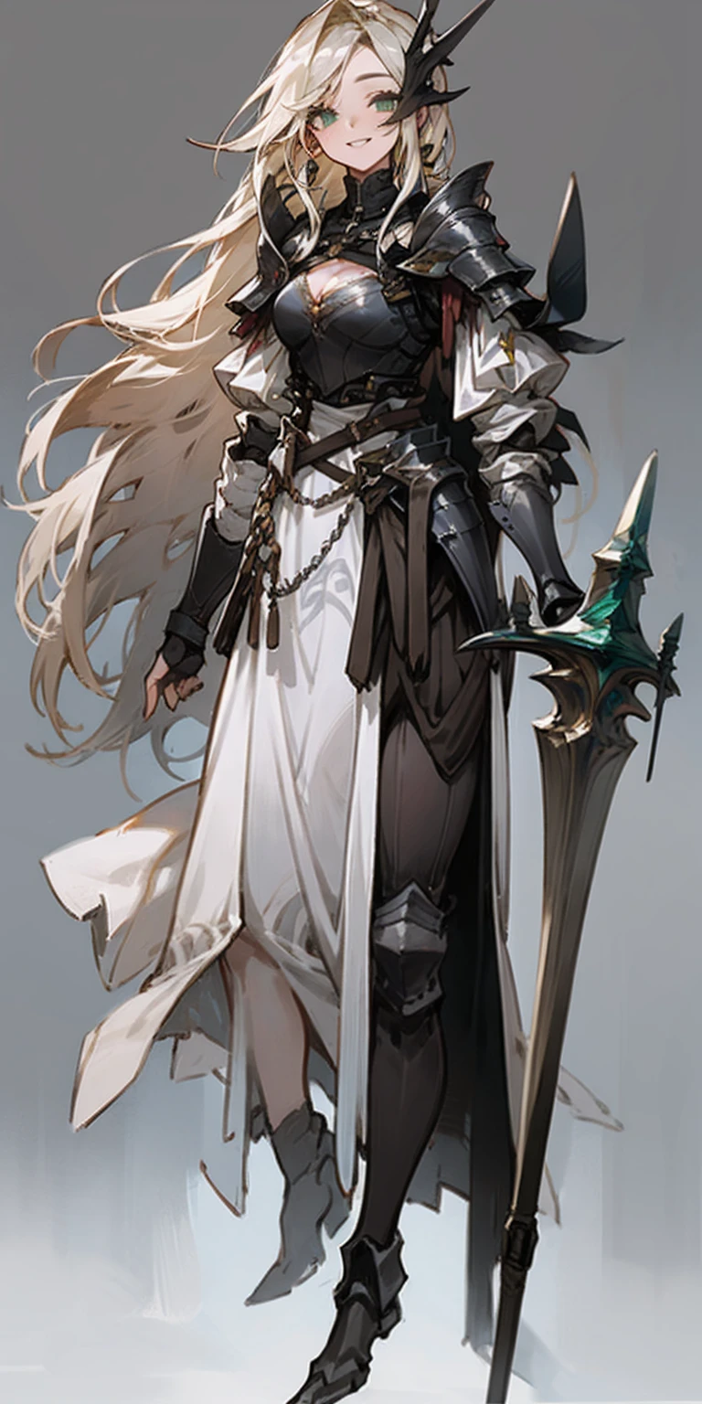 hands on sides, (masterpiece), ultra-detailed, 1girl, detailed eyes, medium breasts, gray background, (full body), green eyes, gray background, full plate armor, confident smile, staring at the viewer, blond hair in a ponytail, standing with a square spike shield