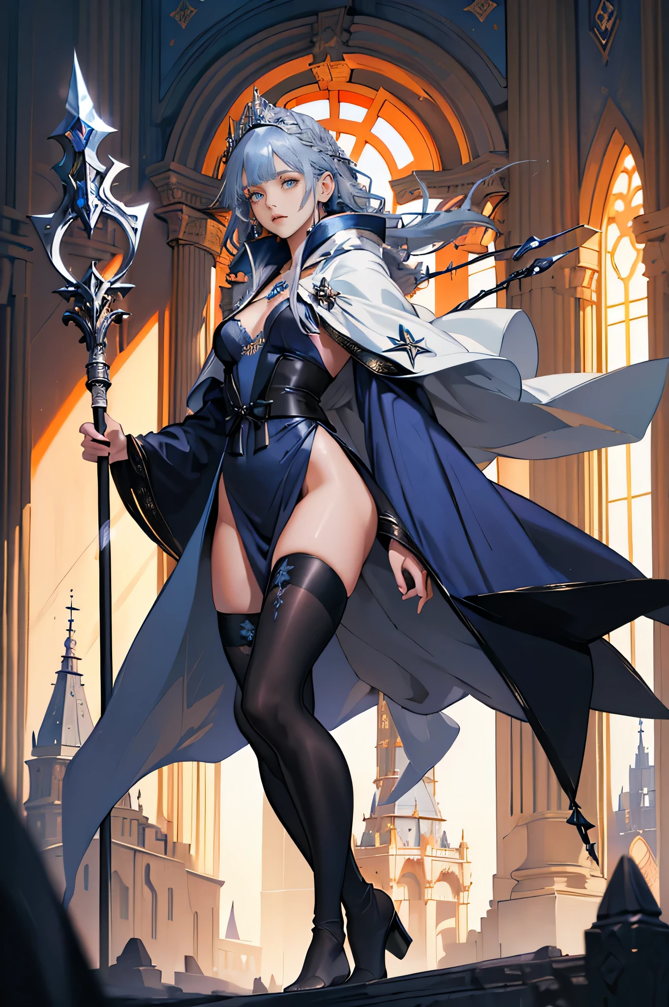 High quality, cool beauty, beauty, adult atmosphere, beautiful silver hair, short hair, bangs, Russian-style beauty, beautiful legs, tight beautiful breasts, women are posing and have two swords on her side 1 girl, hat, weapons, gloves, solo, blue eyes, high heels, high heels boots, chains, birds, moon, silver hair, boots, crows