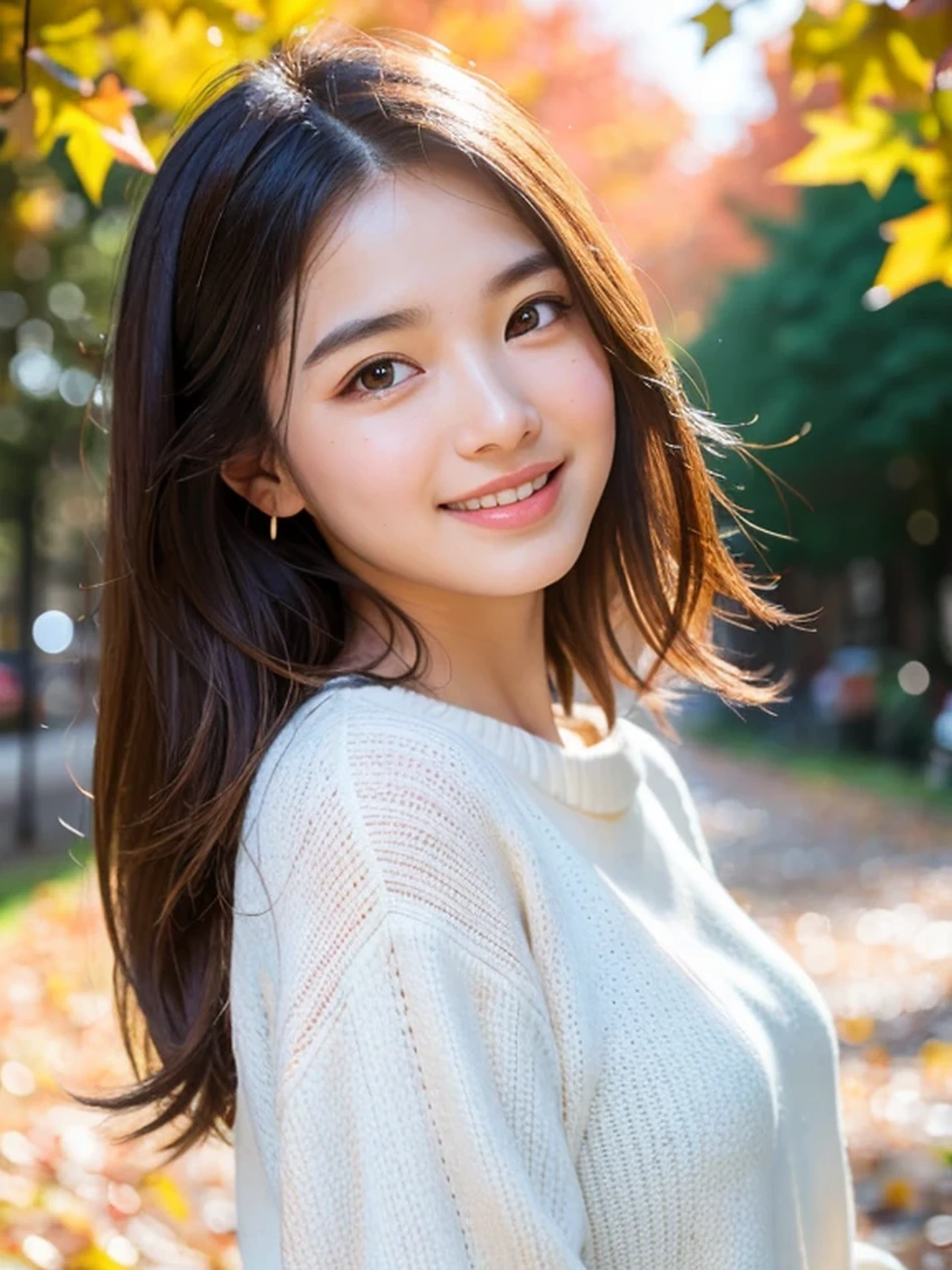 masterpiece, Best Quality, Raw photo, 8K, ultra-detailed face, 1girl, full body, Beautiful detailed skin, backlight, soft light, bashful, (shoot from front:1.2), happy smile, open your mouth to say something, Luminescent, Anatomically correct, Medium hair, hair blown by the wind, Eyes and faces with detailed, Textured skin, Professional Photography, Bokeh, Portrait, Professional Lighting, Solo, Cute, Film grain, Autumn leaves, autumn-appropriate clothing,