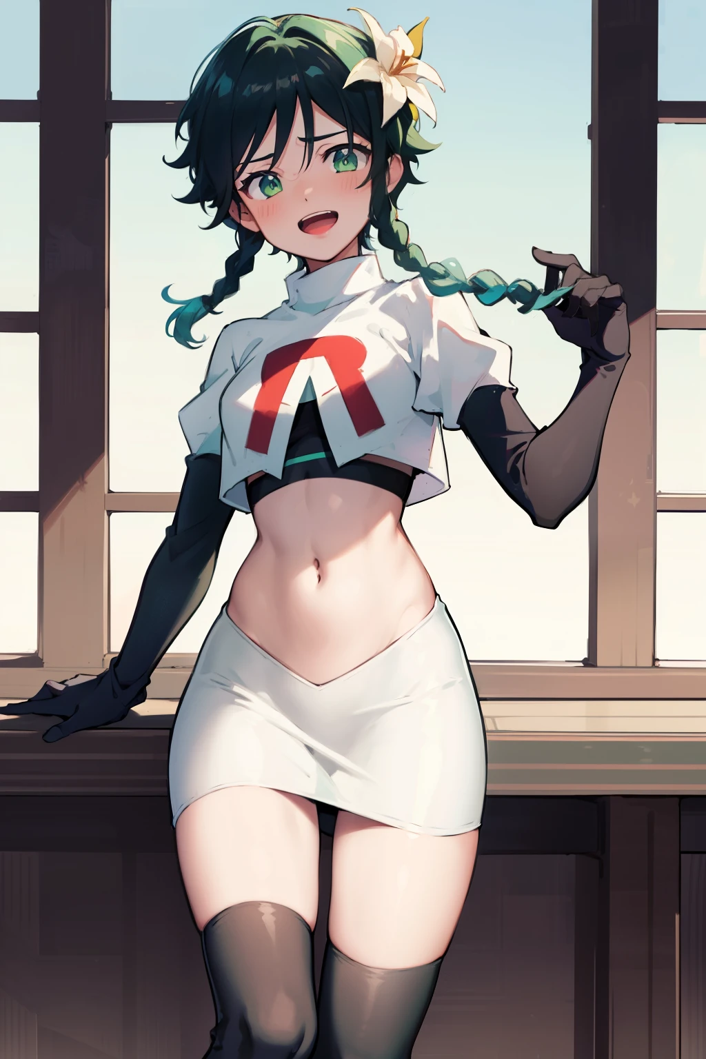 absurdres,venti,1boy, male focus, trap,black hair, green-blue hair, hair braid,hair flower,aqua green eyes,crossdressing,1boy,team rocket,team rocket uniform,white skirt,red letter R,crop top,black thigh-highs,black elbow gloves, laughing,happy, blush