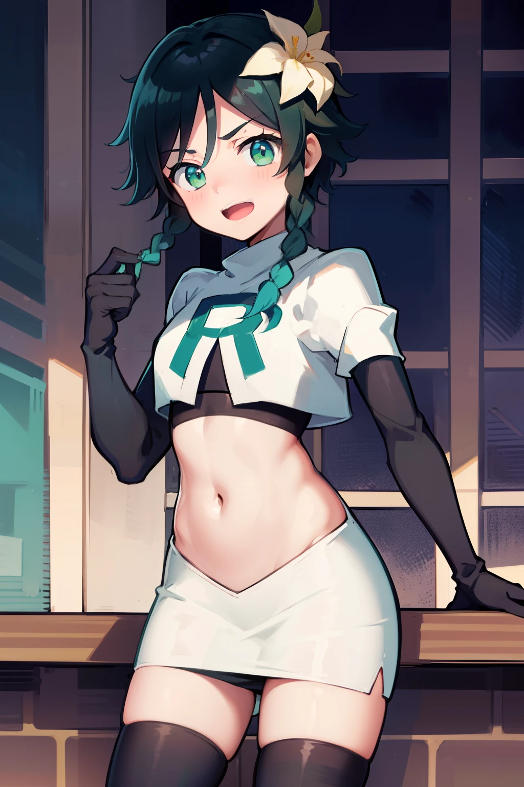 absurdres,venti,1boy, male focus, trap,black hair, green-blue hair, hair braid,hair flower,aqua green eyes,crossdressing,1boy,team rocket,team rocket uniform,white skirt,red letter R,crop top,black thigh-highs,black elbow gloves, laughing,happy, blush