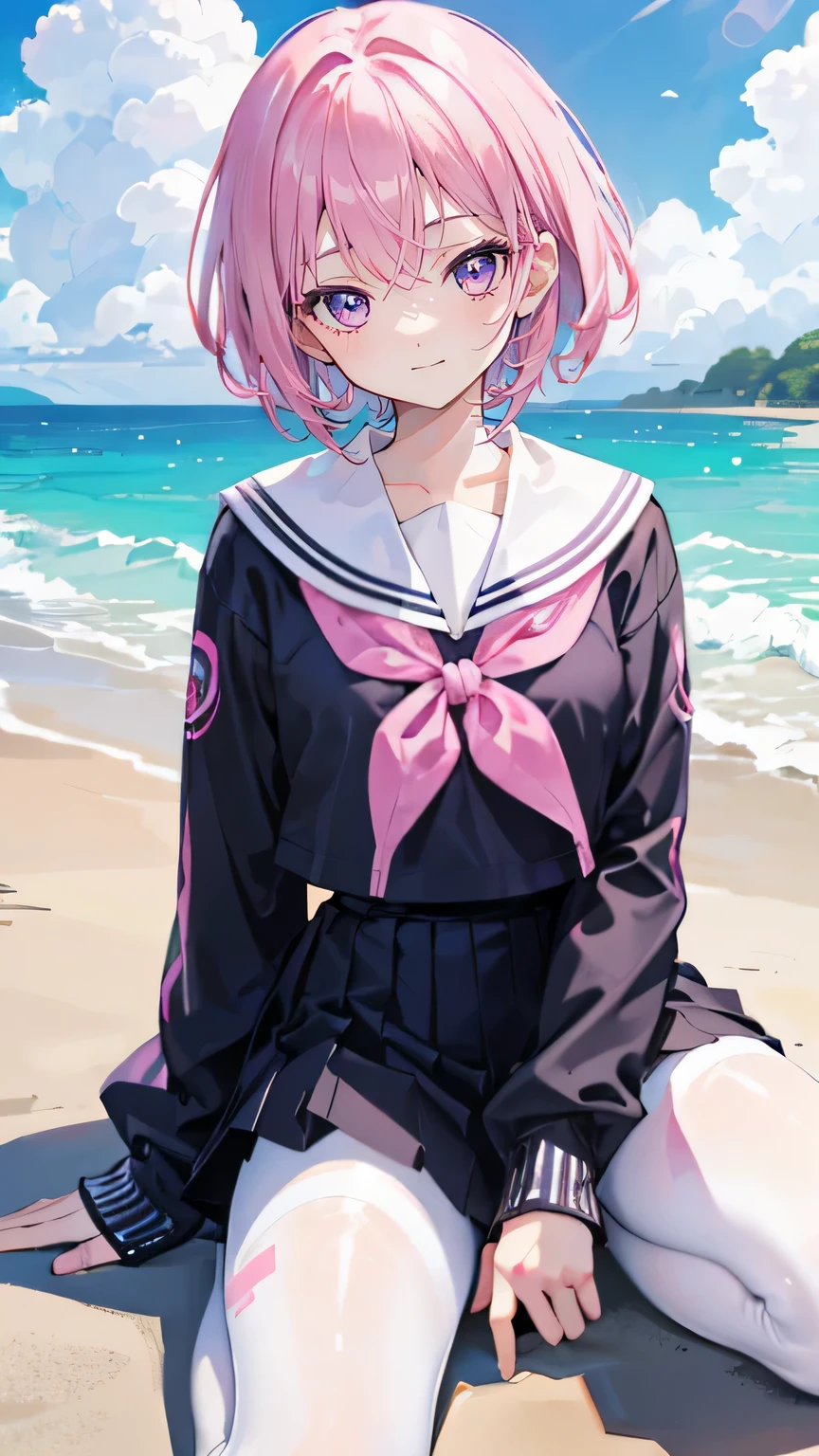 Pink hair,Purple Eyes,short hair,sister head,Two black hairpins,Girl,cute,laughing expression,Happy and happy expression,Sailor Suit,Small leather shoes,White silk pantyhose,White silk pantyhose,whole body,sit on the floor,Don't show your arms,Background is beach,Blue sky and white clouds