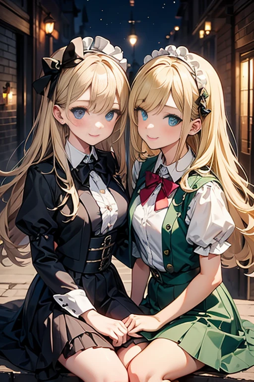 Two Girls, (Virginia Otis, (Blonde, blue eyes)) Strike a Pose (George Gerard, age 16 (Bloneen Eyes)). Victorian Style. thin, Cute face, Canterville Castle Night Walk (novel「ghost of canterville」Inspired by). 1887, Victorian fantasy