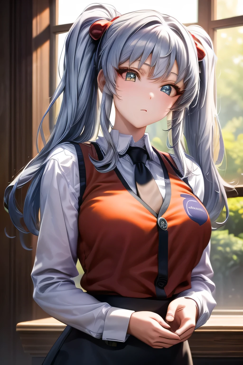 (masterpiece:1.2), best quality, high resolution, unity 8k wallpaper, (illustration:0.8), (beautiful detailed face:1.2, beautiful detailed eyes:1.2), perfect lighting, extremely detailed CG, (perfect hands, perfect anatomy), 

Cute, beautiful, charming lady, shiny hair, lustrous skin, beautiful light big eyes, 
milf, married woman, soft With a gentle appearance and a gentle mother-like atmosphere,

ruri_a, twintails, silver hair, golden eyes, shirt, white shirt, long sleeves, stick tie, black tie, vest, orange vest, sleeveless vest, black skirt, tight skirt,