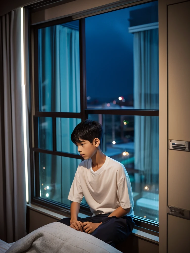 A 12 year old boy in his room on the rainy night by the window watching the viewer beautiful boy slim thin face strong chest defined slender torso