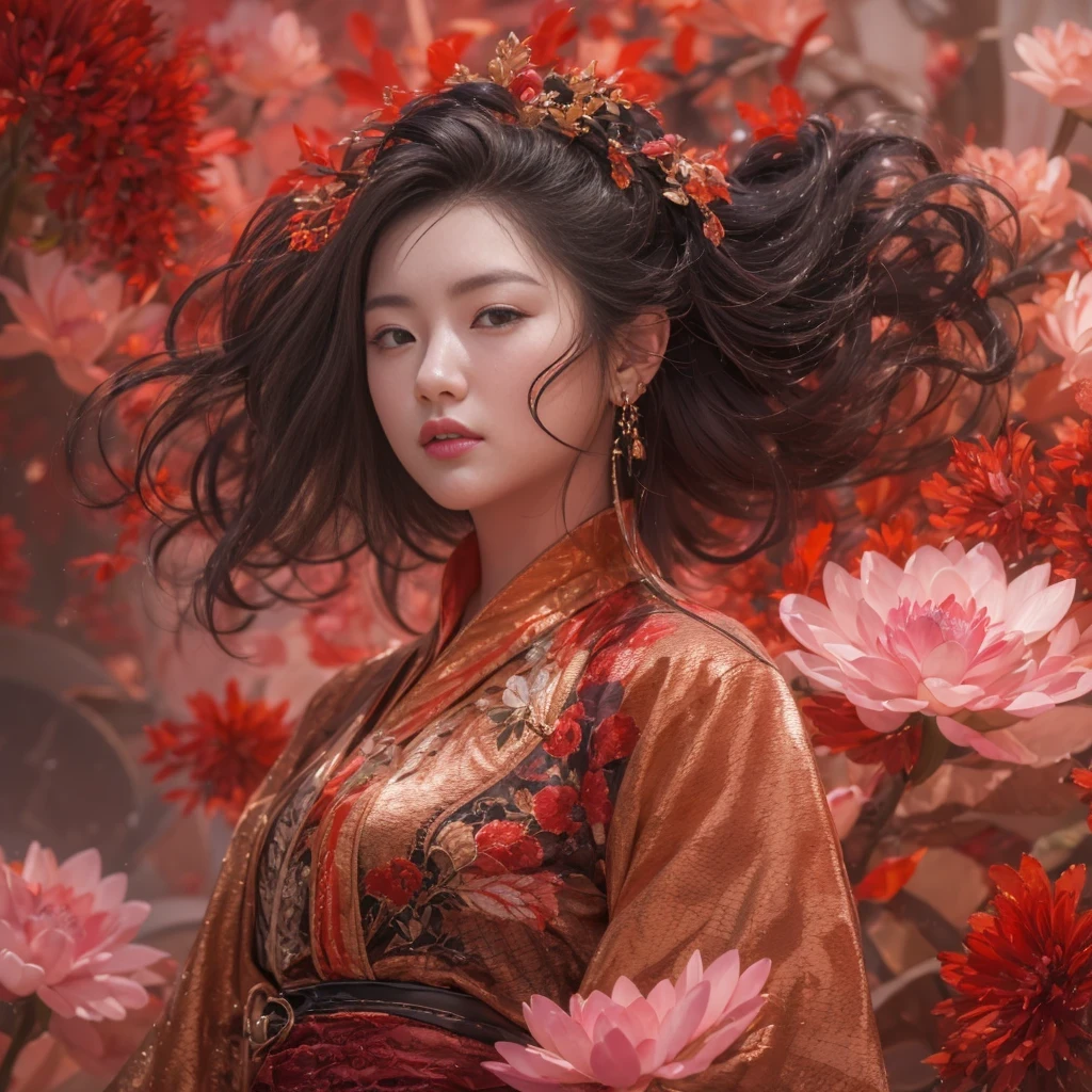 32K(tmasterpiece,k hd,hyper HD,32K)Large curls,Flowing rouge,ponds,zydink, a color, Asian people (Silly girl), (Silk scarf), Combat posture, looking at the ground, Large rolls of rouge, Flowing rouge curls, Crocodile leather tiara, Chinese long-sleeved clothing, (abstract ink splash:1.2), Pink lotus background,Water lily flower protector(realisticlying:1.4),Rouge hair,Autumn is in full swing,The background is pure, A high resolution, the detail, RAW photogr, Sharp Re, Nikon D850 Film Stock Photo by Jefferies Lee 4 Kodak Portra 400 Camera F1.6 shots, Rich colors, ultra-realistic vivid textures, Dramatic lighting, Unreal Engine Art Station Trend, cinestir 800,Large curls,Flowing rouge