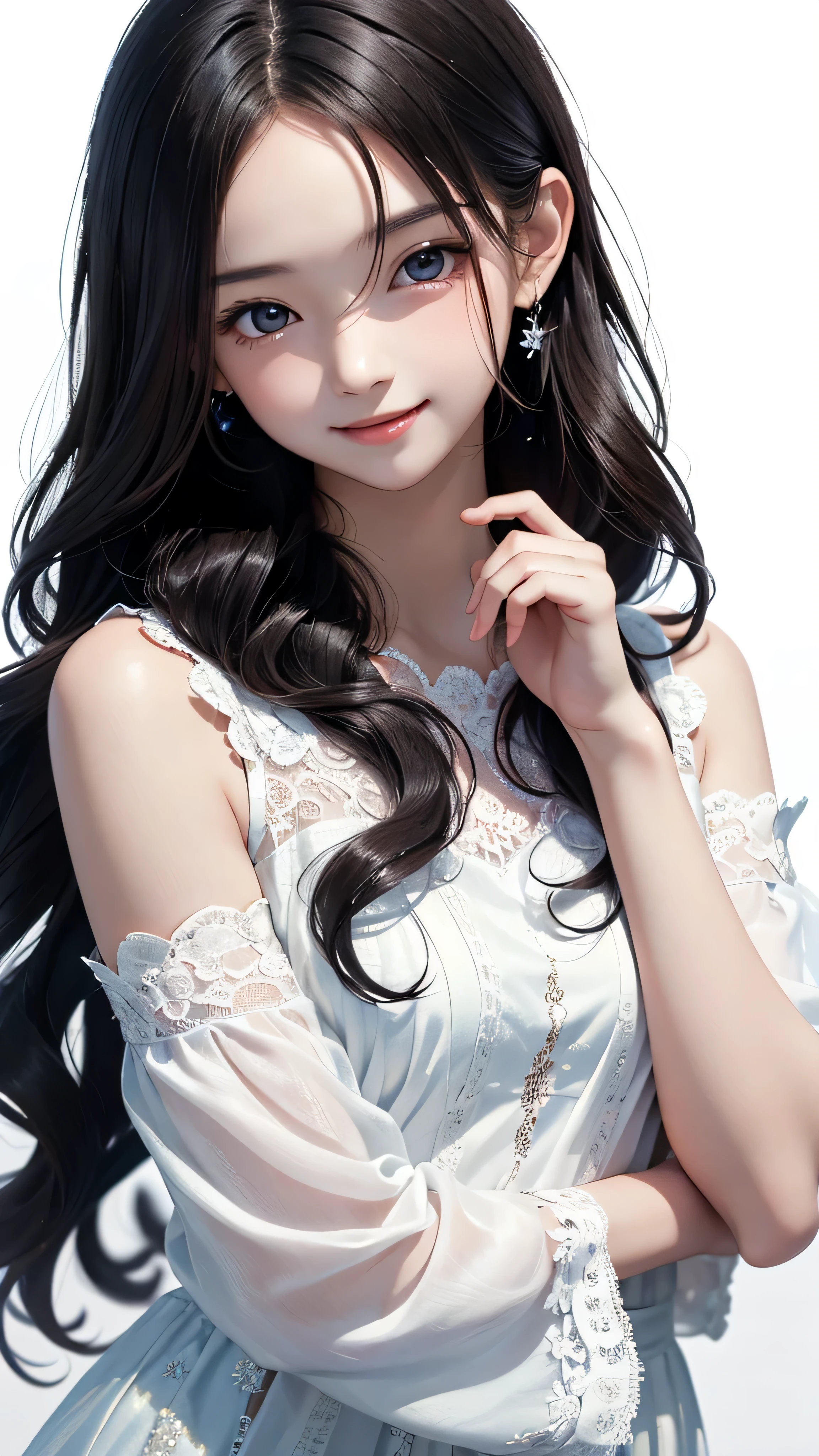 (((Masterpiece))), (High resolution), (1 beautiful Japanese girl), 11 years old, young, sharp eyes, hanging eyes, glaring, evil smile, forehead, (long wavy black hair: 1.2), (White loose long lace dress:1.2), (Plain background),