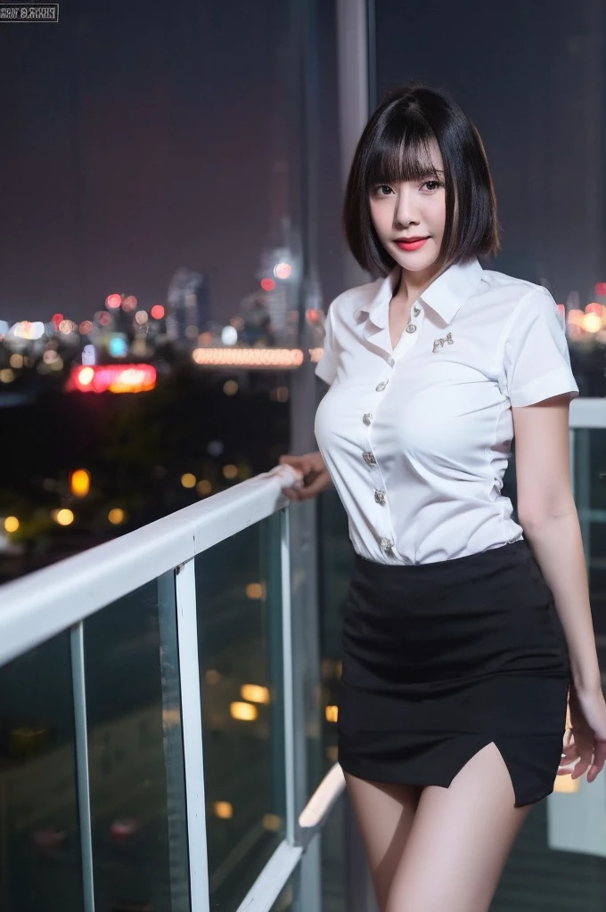 best quality, 8k, highly detailed face and skin texture, high resolution, big tits short hair cute asian girl in white shirt and black short skirt at balcony with night city view, sharp focus