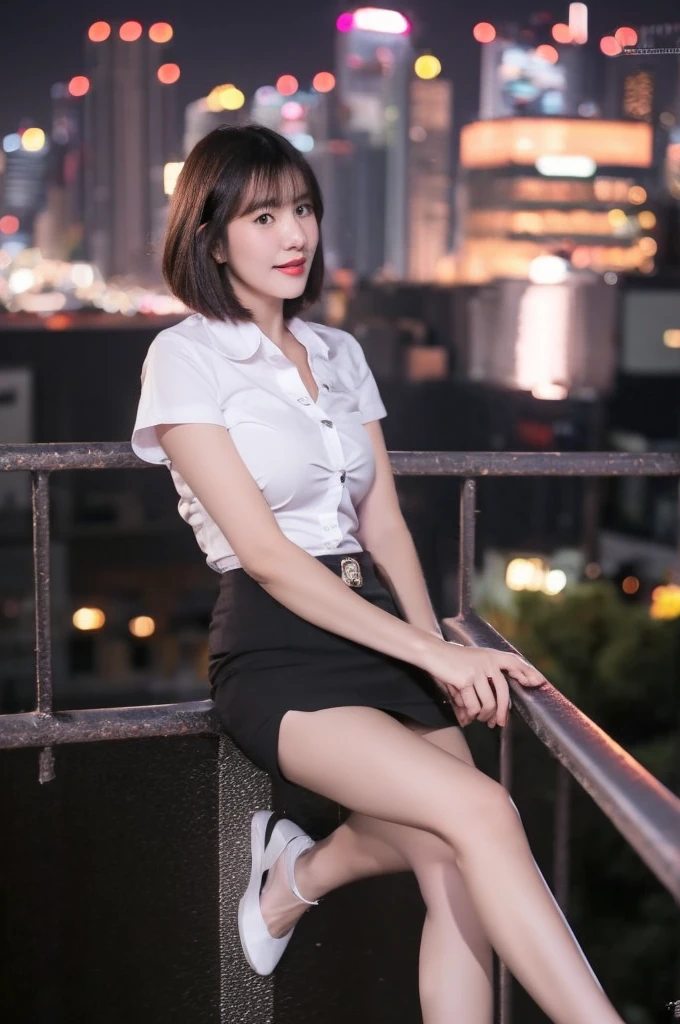 best quality, 8k, highly detailed face and skin texture, high resolution, big tits short hair cute asian girl in white shirt and black short skirt at balcony with night city view, sharp focus