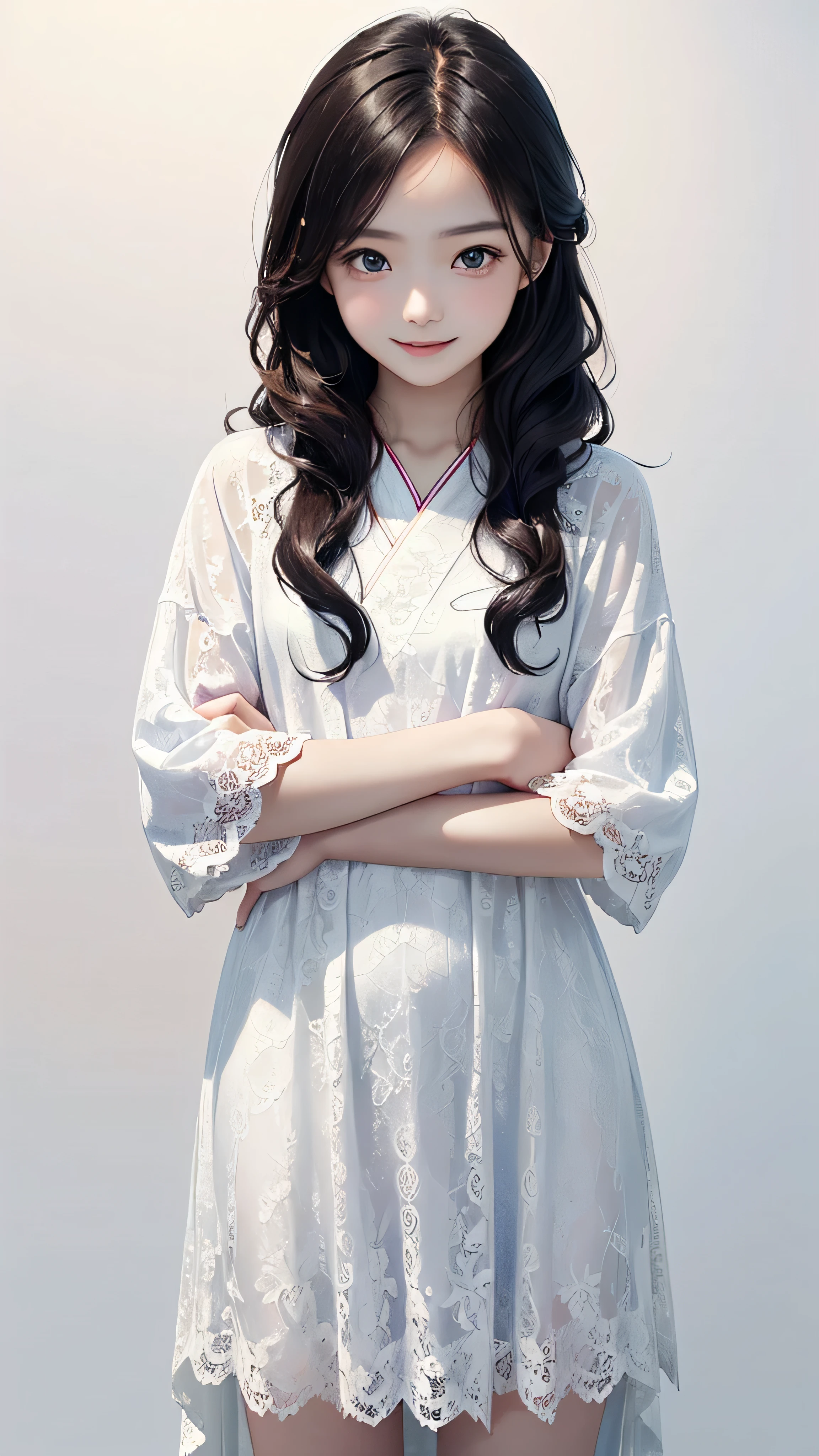 (((Masterpiece))), (High resolution), (1 beautiful Japanese girl), 11 years old, young, sharp eyes, hanging eyes, glaring, evil smile, forehead, (long wavy black hair: 1.2), (White loose long lace dress:1.2), (Plain background),
