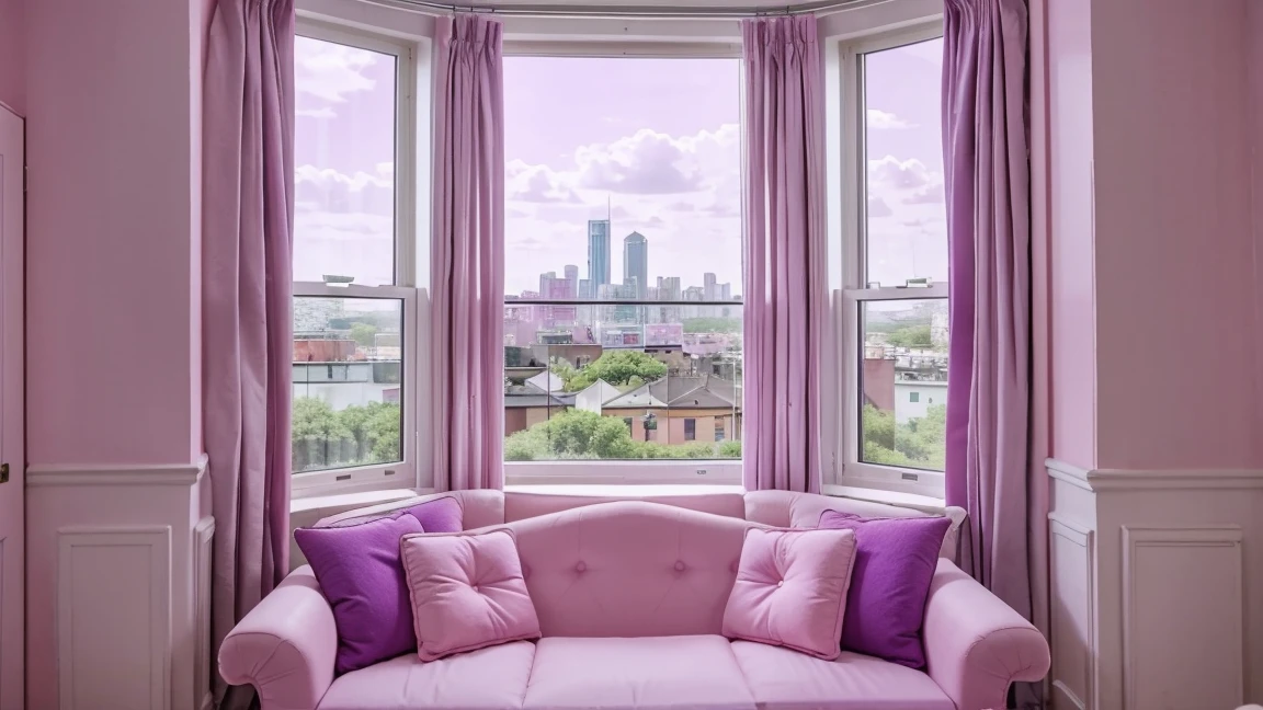 Still shot of Pink and purple living room with large window with a view of the city. Pink furniture, pink curtains. Anime; pink; romantic; 