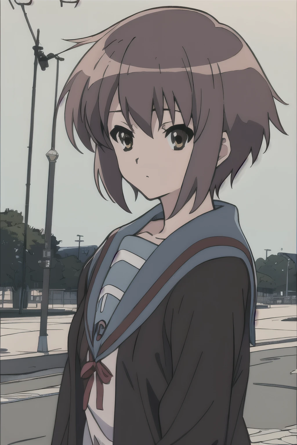 masterpiece, best quality, high resolution,
cowboy shot, anime coloring,(Pavement and Snowscape:1.2)
kyoani haruhi style, cinematic,
,kyoani haruhi style, 1girl, solo, yuki nagato, nagato yuki,nagato yuki \(The SUZUMIYA HARUHI\), kita high , short hair, , blue sailor collar, sailor collar, serafuku, cardigan, purple hair, bangs, brown eyes, anime coloring, small breasts, ((masterpiece)), 