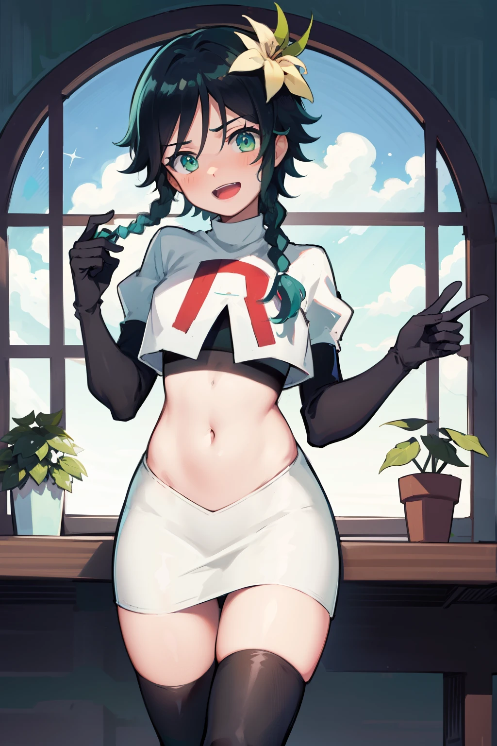 absurdres,venti,1boy, male focus, trap,black hair, green-blue hair, hair braid,hair flower,aqua green eyes,crossdressing,1boy,team rocket,team rocket uniform,white skirt,red letter R,crop top,black thigh-highs,black elbow gloves, laughing,happy, blush