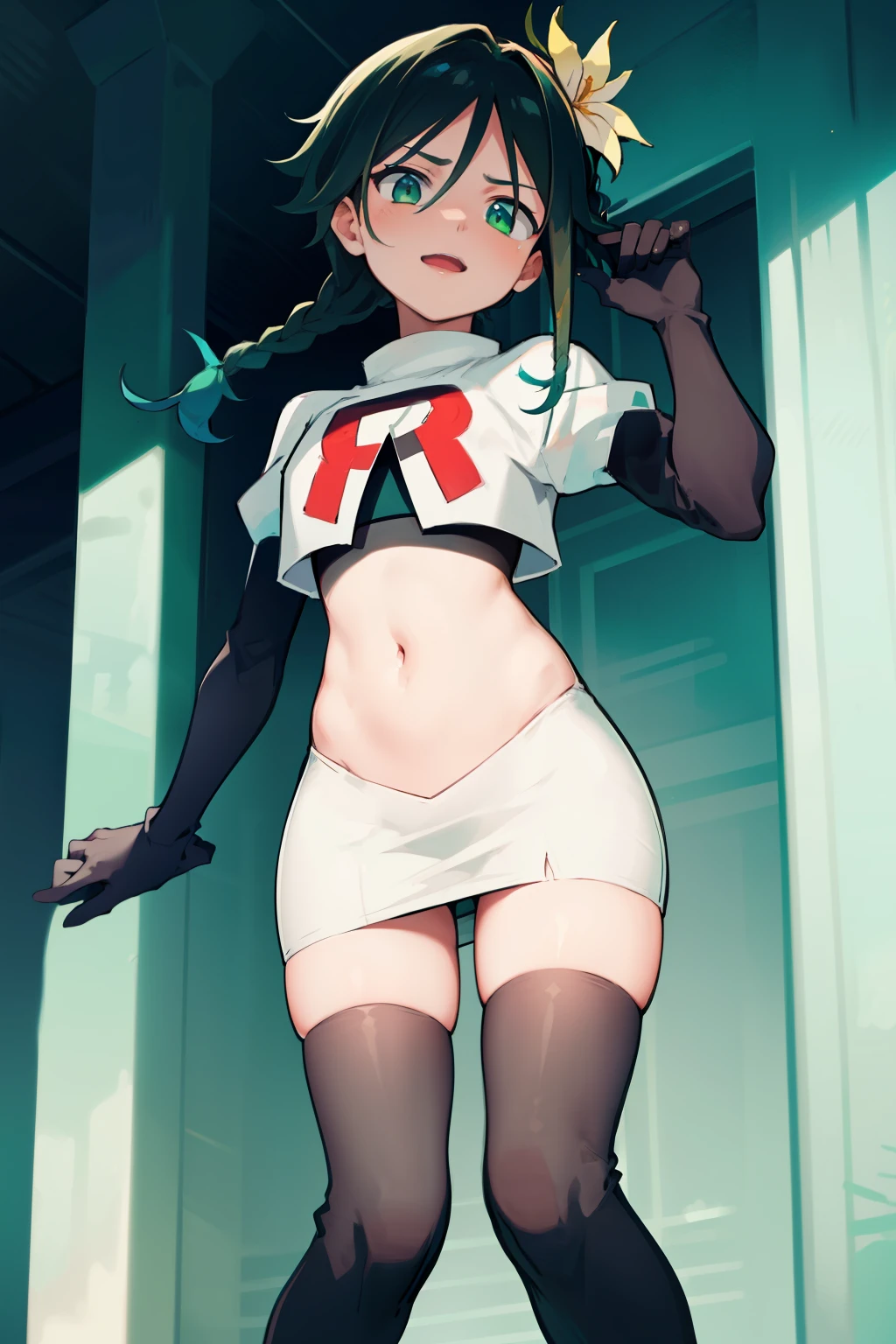 absurdres,venti,1boy, male focus, trap,black hair, green-blue hair, hair braid,hair flower,aqua green eyes,crossdressing,1boy,team rocket,team rocket uniform,white skirt,red letter R,crop top,black thigh-highs,black elbow gloves, laughing,happy, blush